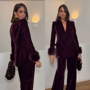 Zara Set 2 Pc Velvet Blazer With Faux Fur Cuffs and Wide Pants Size M